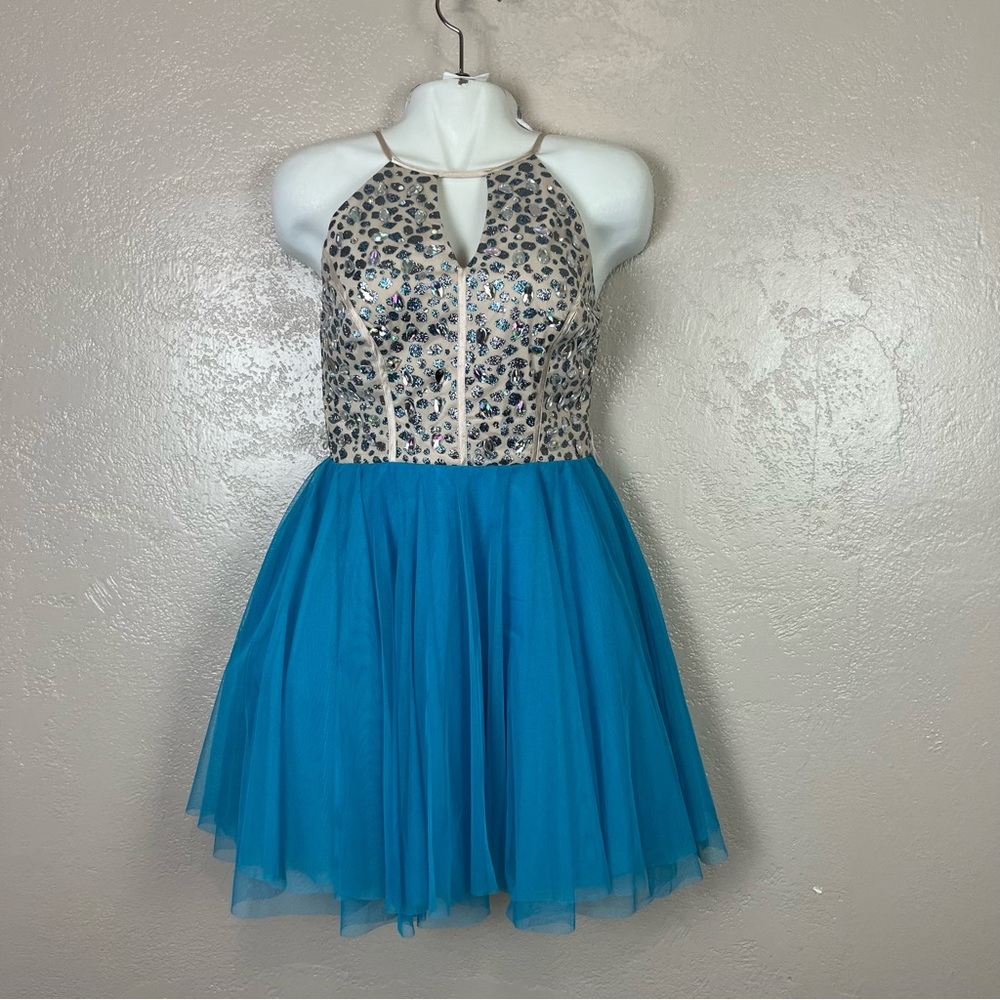 Womens Nights by Teeze Me Formal Beaded Prom Dress Turquoise Beige‎ Sz 9